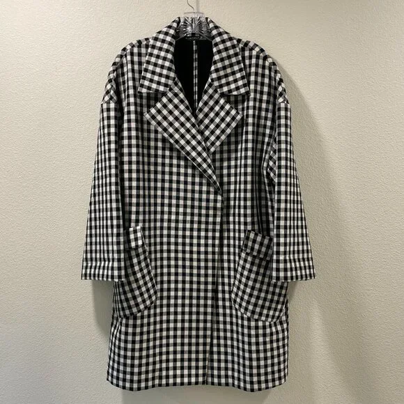 (NEW) BLACK TAPE Long Line Coat Buffalo Check Long Sleeve Oversize, B & W - XL - Picture 1 of 8